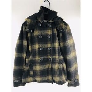 YMI Jacket Women's Large Black Brown Plaid Double Button Faux Fur Hooded Peacoat